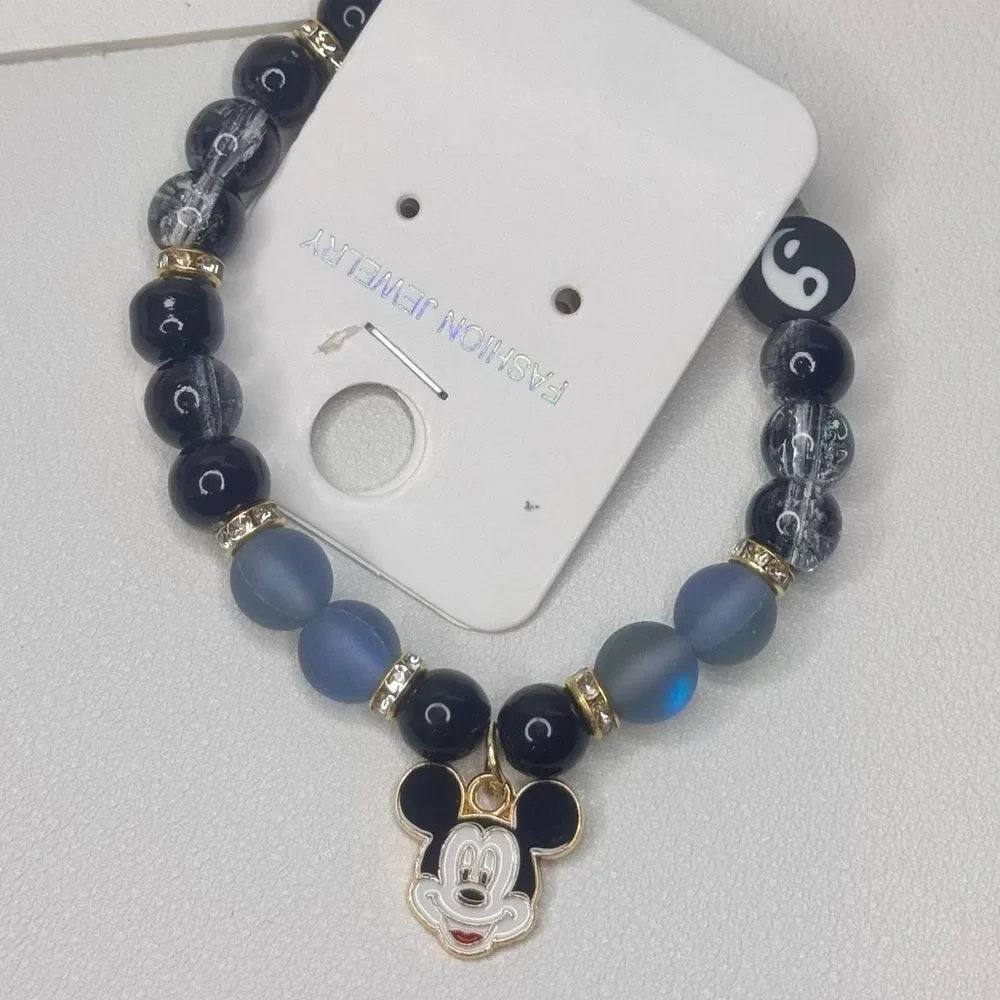 Colorful Kids Beaded Stretch Bracelet Black beads Mickey charm
